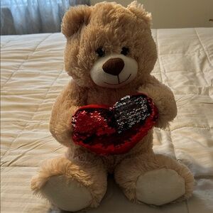 GOFFA Plush Teddy Bear with Sequin Heart in beige & white, heart is red & silver